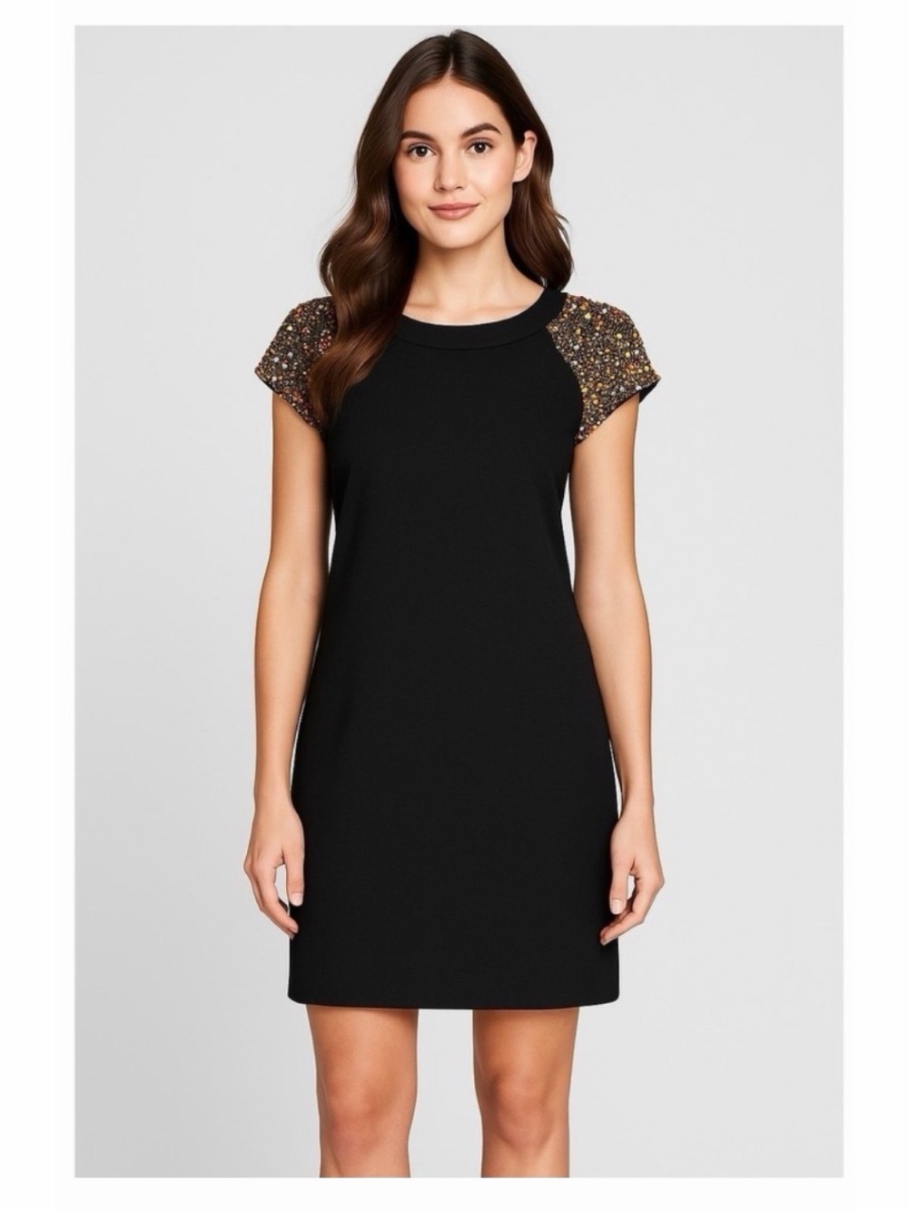TRINA TURK Sz 10 Nettle Black Crepe Shift Dress with Sequin Cap Sleeves